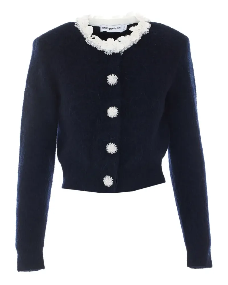 Self-Portrait navy flower pearl trim knit jumper - Blau Blau