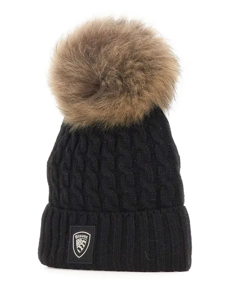 Blauer cable-knit pom-pom beanie hat - Schwarz Schwarz