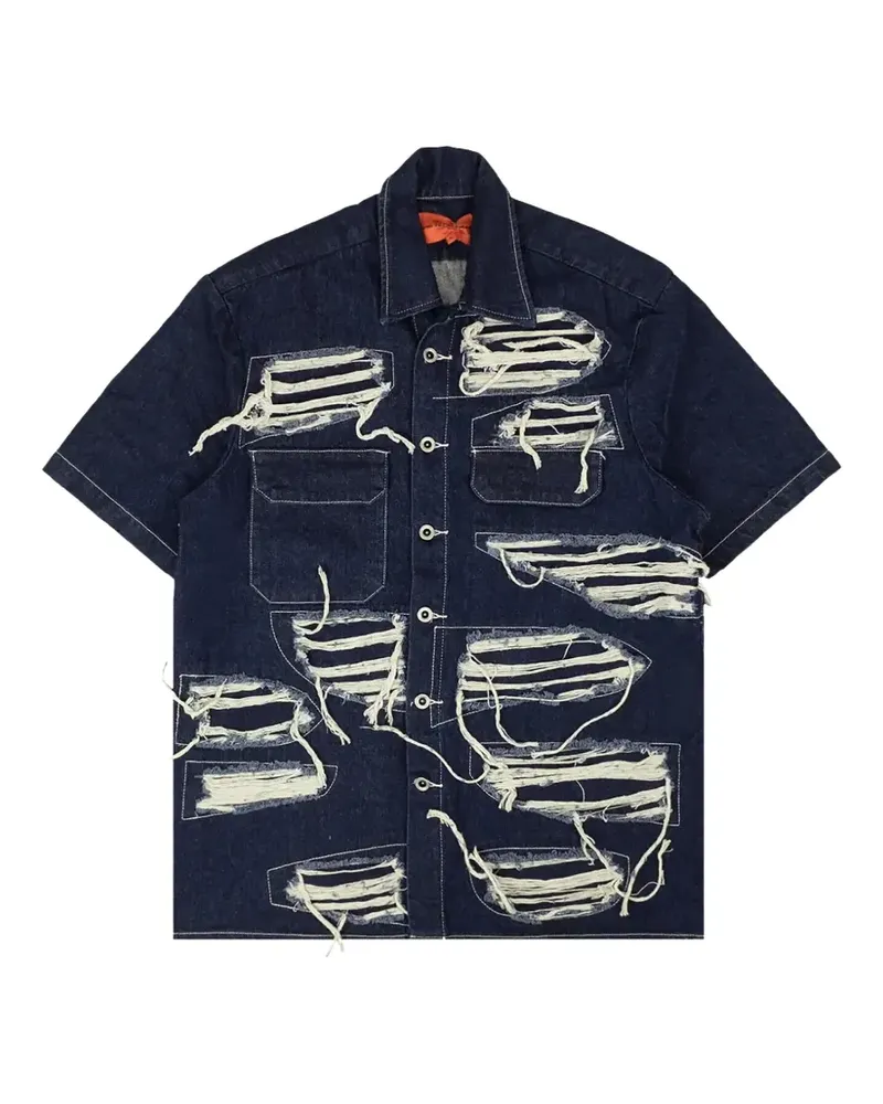 WHO DECIDES WAR distressed short-sleeve denim shirt - Blau Blau