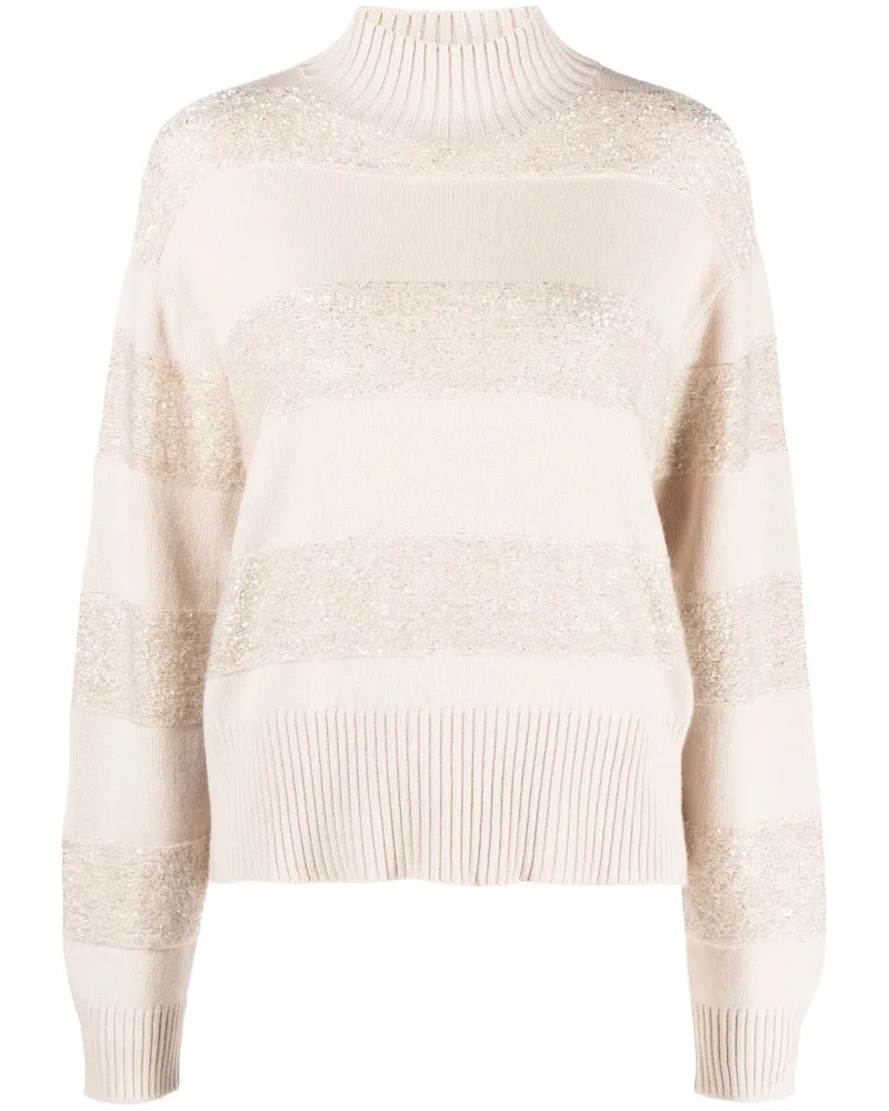 Brunello Cucinelli Gestreifter Rollkragenpullover - Nude Nude