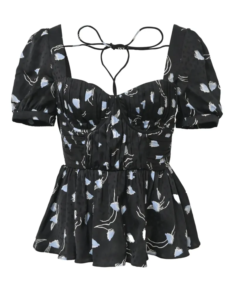 Self-Portrait 530mm gathered printed puff top - Schwarz Schwarz