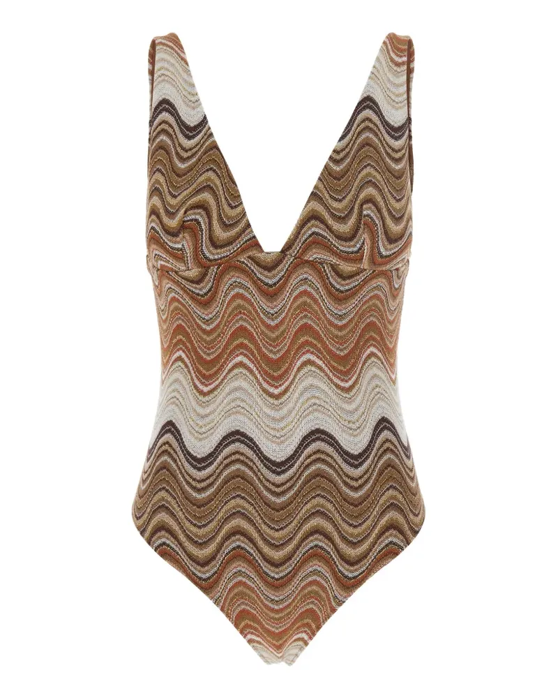 MC2 Saint Barth Mavi zigzag-knit plunge-neck swimsuit - Braun Braun