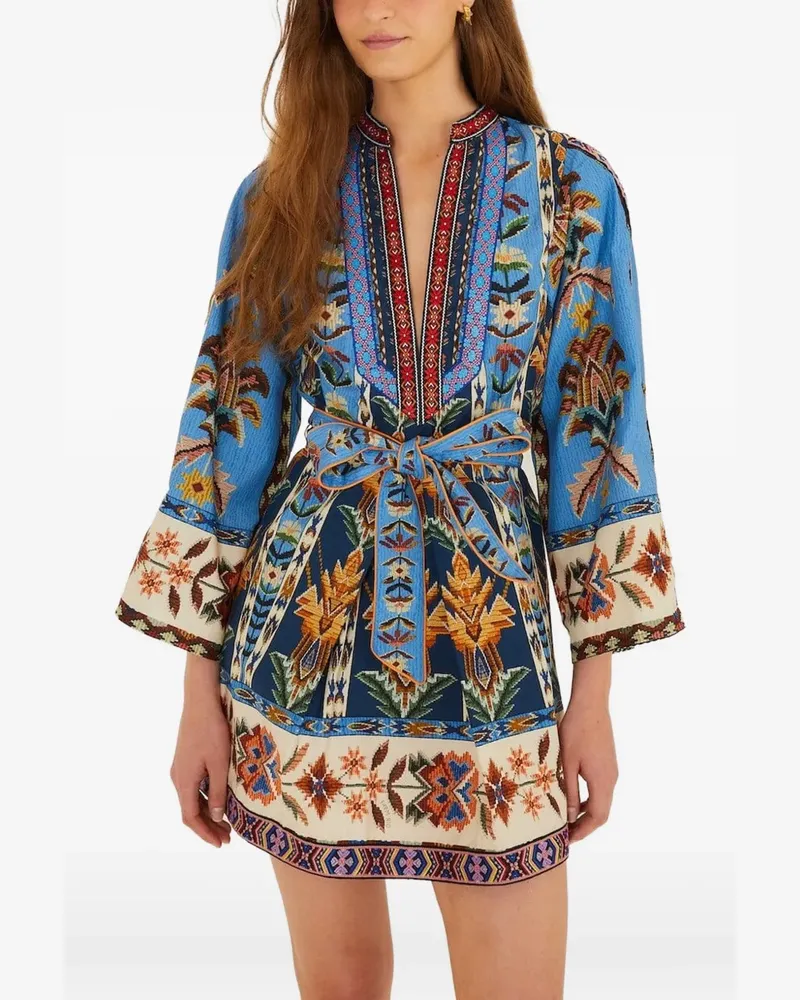 FARM Rio Besticktes Tapestry Minikleid mit V-Ausschnitt - Blau Blau