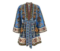 Besticktes Tapestry Minikleid mit V-Ausschnitt - Blau