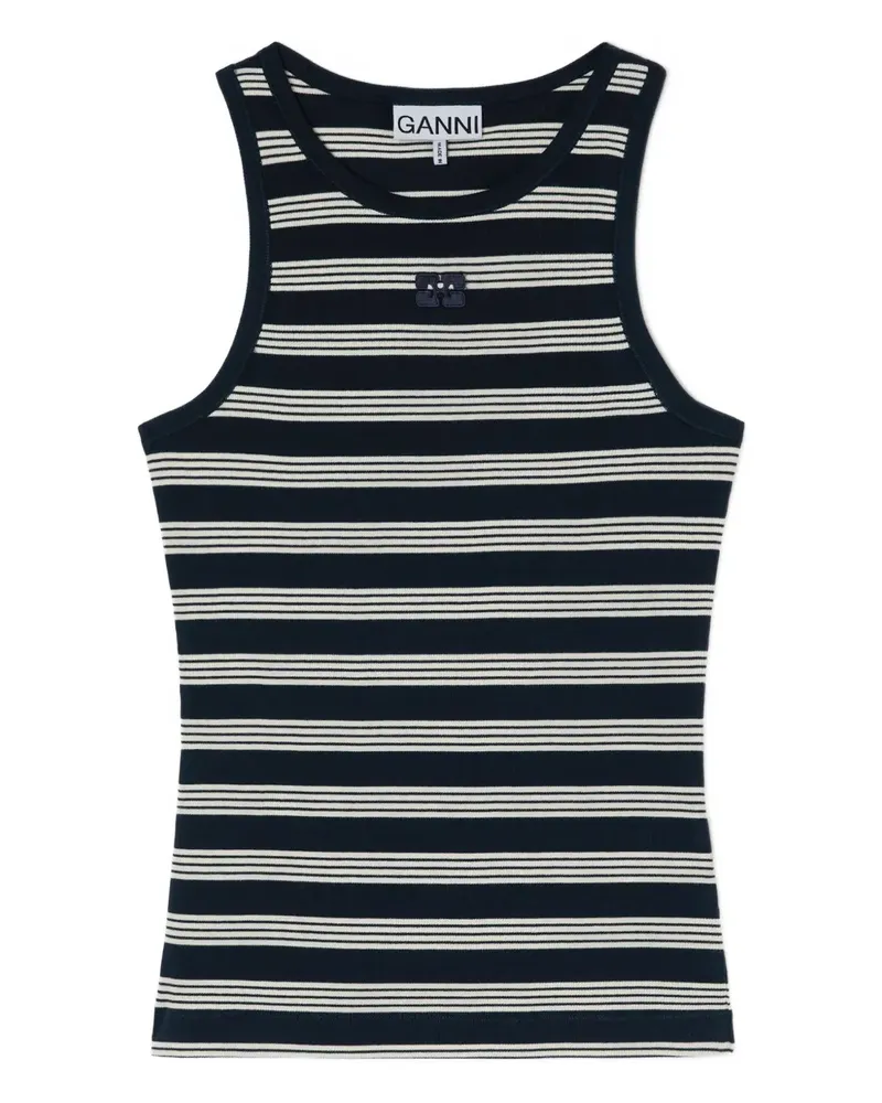 Ganni Gestreiftes Oberteil mit Logo-Stickerei - Blau Blau