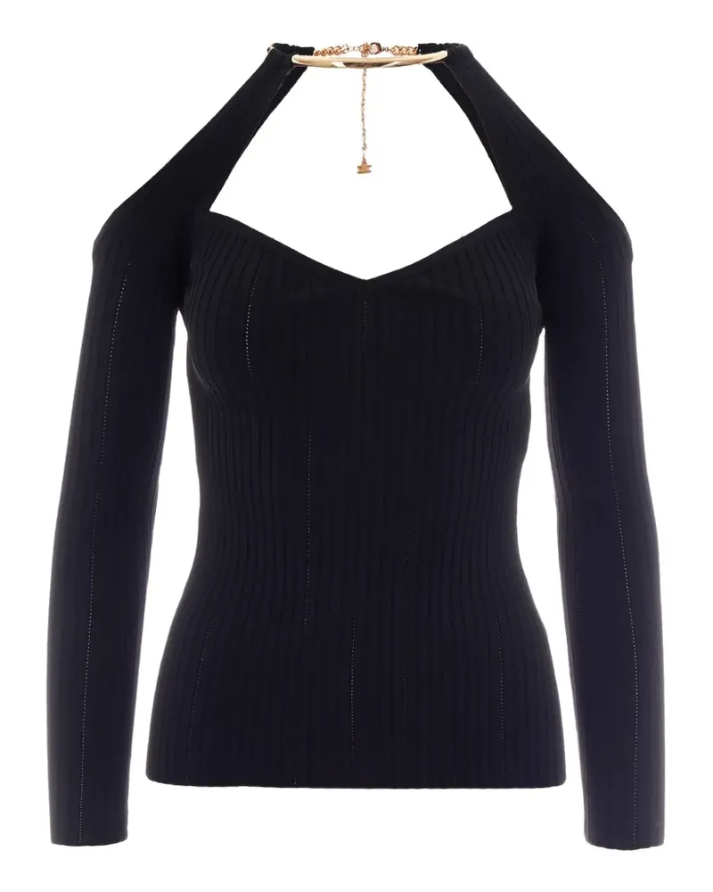 Elisabetta Franchi Gerippte Strickbluse mit Kettendetail - Schwarz Schwarz