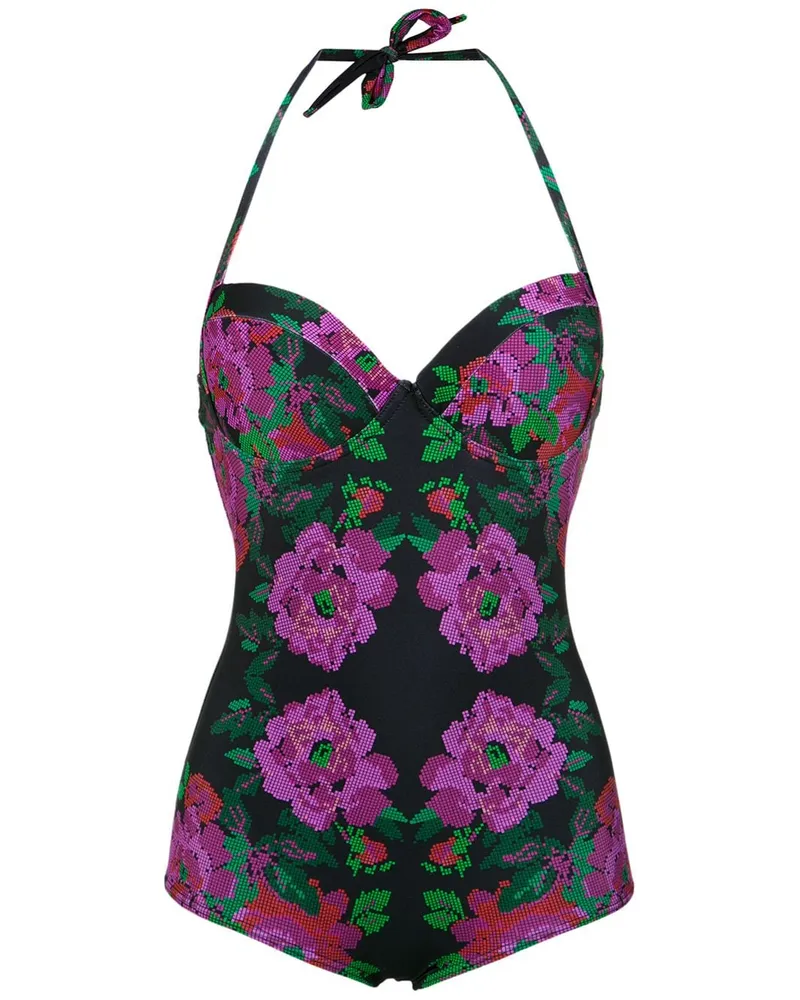 Amir Slama Badeanzug mit Blumen-Print - Schwarz Schwarz