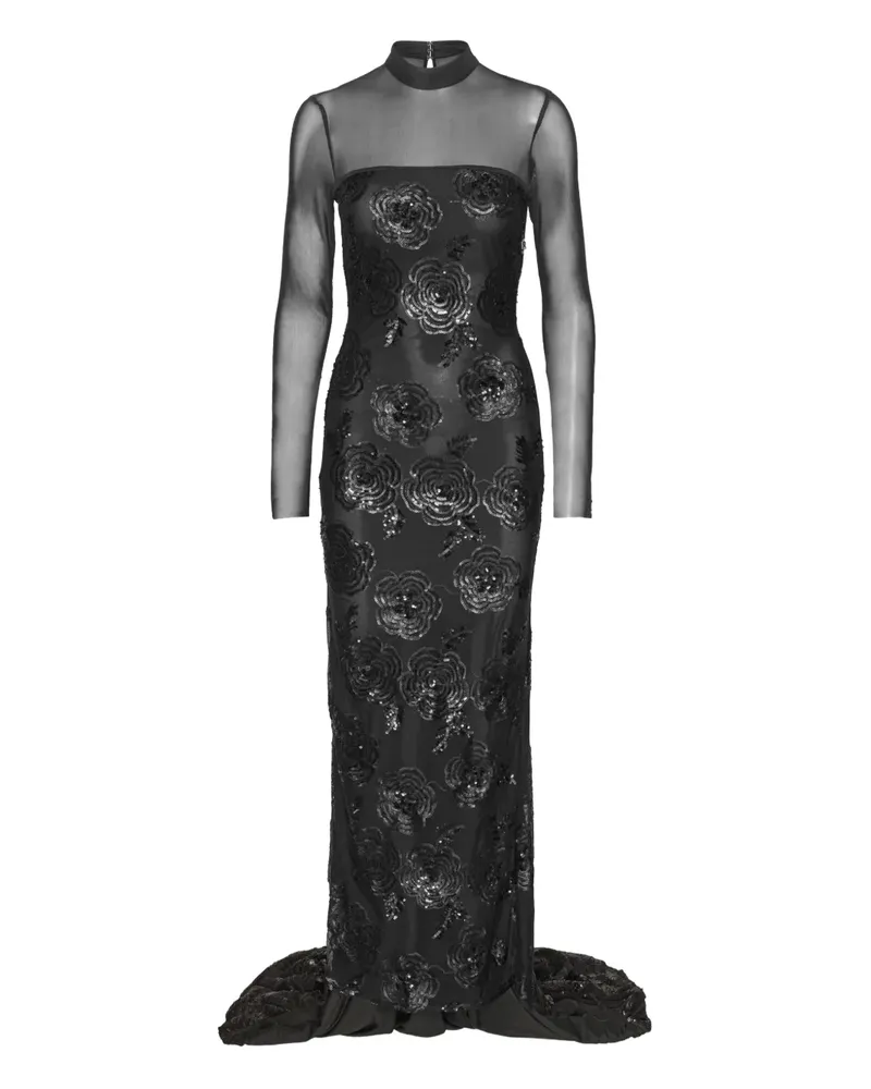 ROTATE Birger Christensen Pailletten-Maxikleid mit Blumenverzierung - Schwarz Schwarz