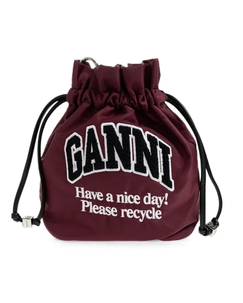 Ganni logo-patch drawstring bucket bag - Rot Rot