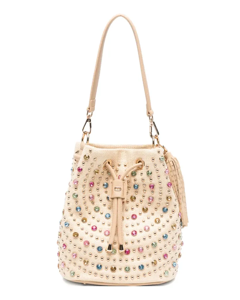 LA CARRIE crystal-embellished studded bucket bag - Nude Nude