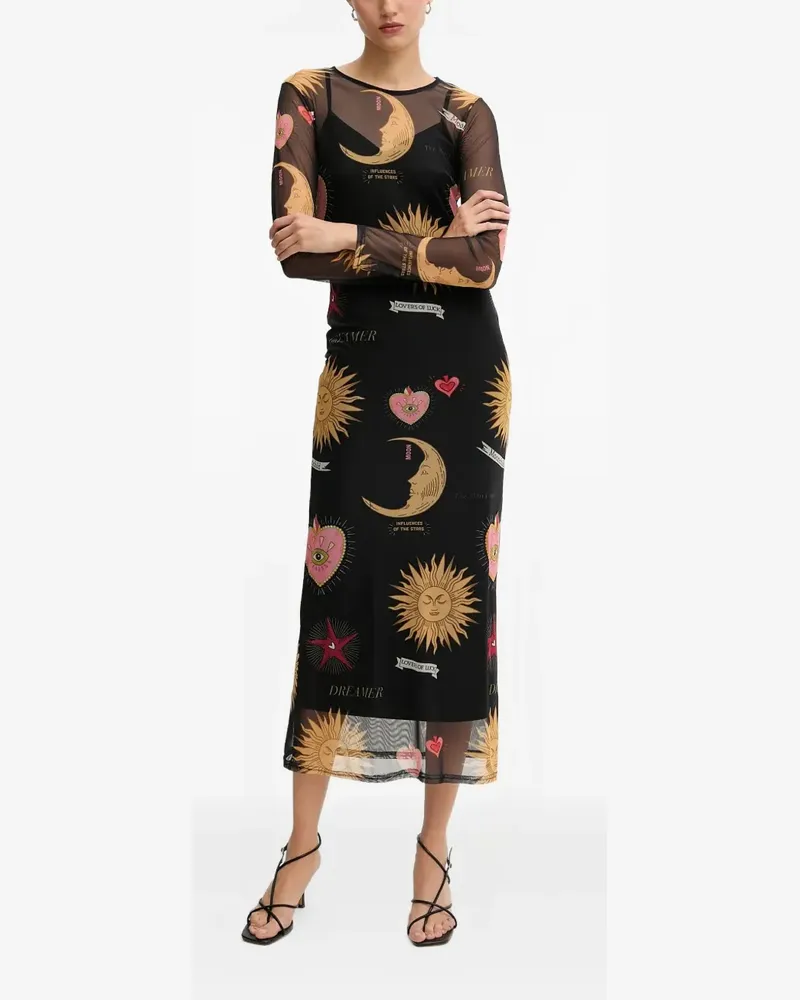 Never Fully Dressed long-sleeve graphic midi dress - Schwarz Schwarz