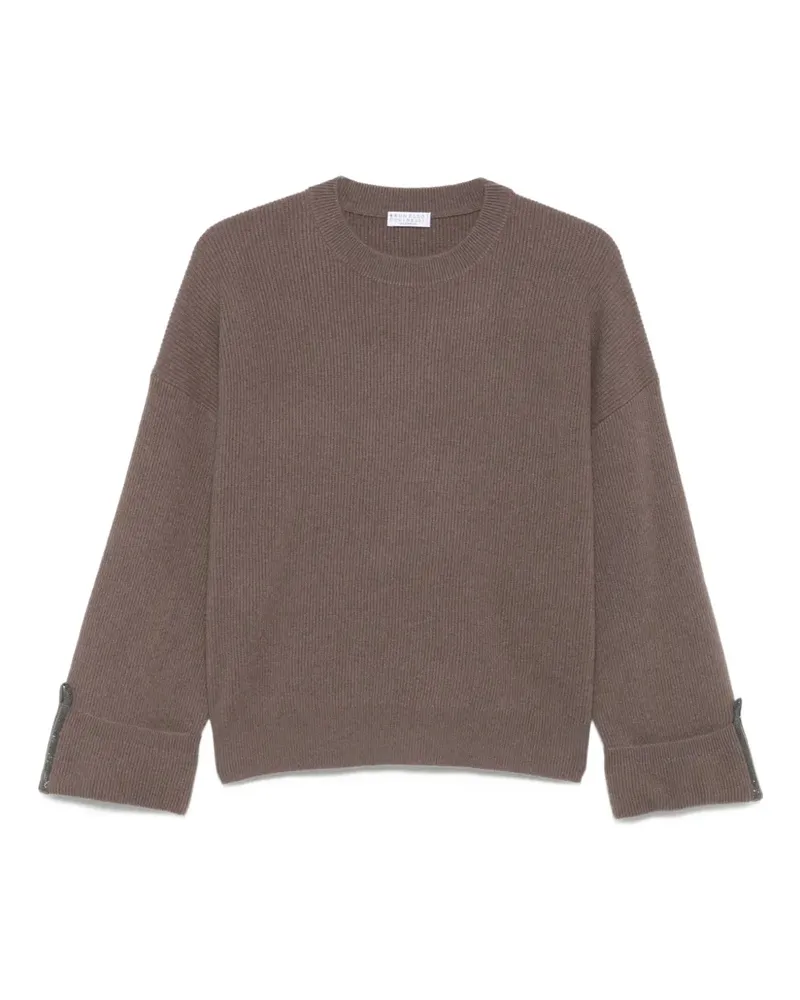 Brunello Cucinelli Gerippter Pullover mit Kugelkettenborte - Braun Braun