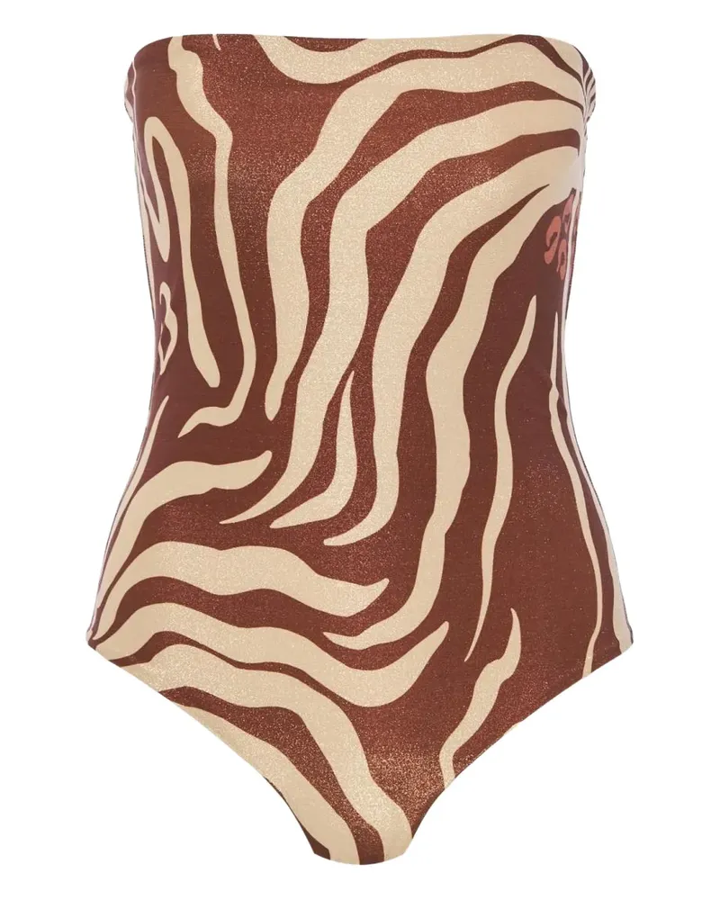 Johanna Ortiz Schulterfreier Badeanzug mit Zebra-Print - Braun Braun