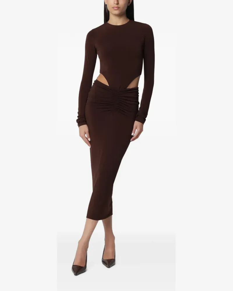 ANDAMANE Gerafftes Heloise Midikleid mit Cut-Out - Braun Braun