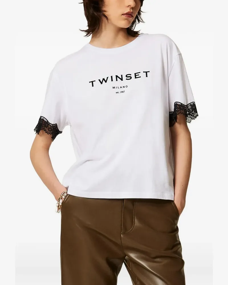 Twin-Set T-Shirt aus Jersey mit Logo und Spitze - Weiß Weiß