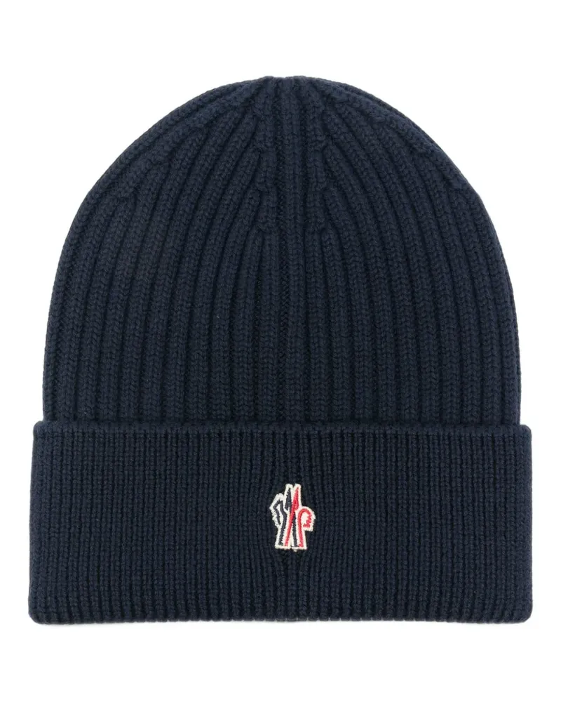 Moncler logo-patch ribbed-knit beanie hat - Blau Blau