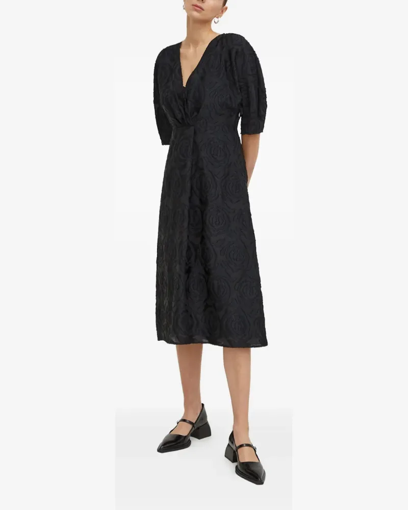 Day Birger et Mikkelsen Florales Midikleid mit V-Ausschnitt - Schwarz Schwarz