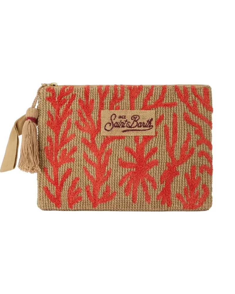 MC2 Saint Barth coral-embroidered jute clutch bag - Nude Nude