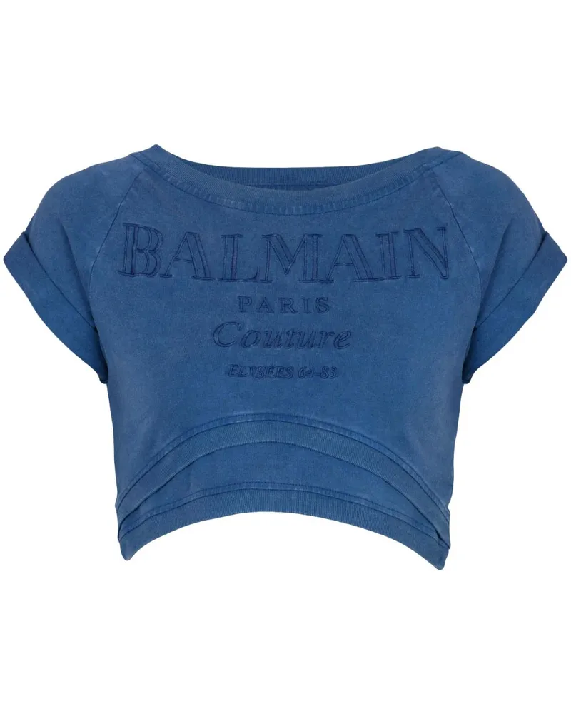 Balmain Besticktes Cropped-T-Shirt - Blau Blau
