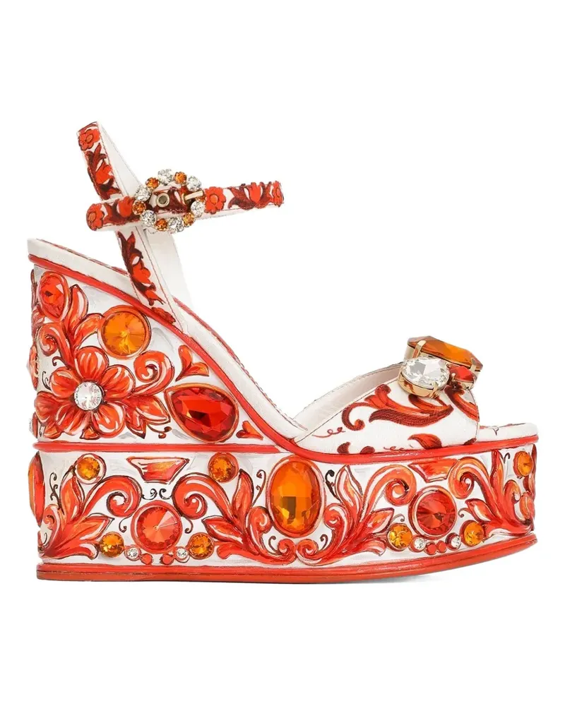 Dolce & Gabbana Sandalen aus Brokat mit Majolica-Print - Weiß Weiß