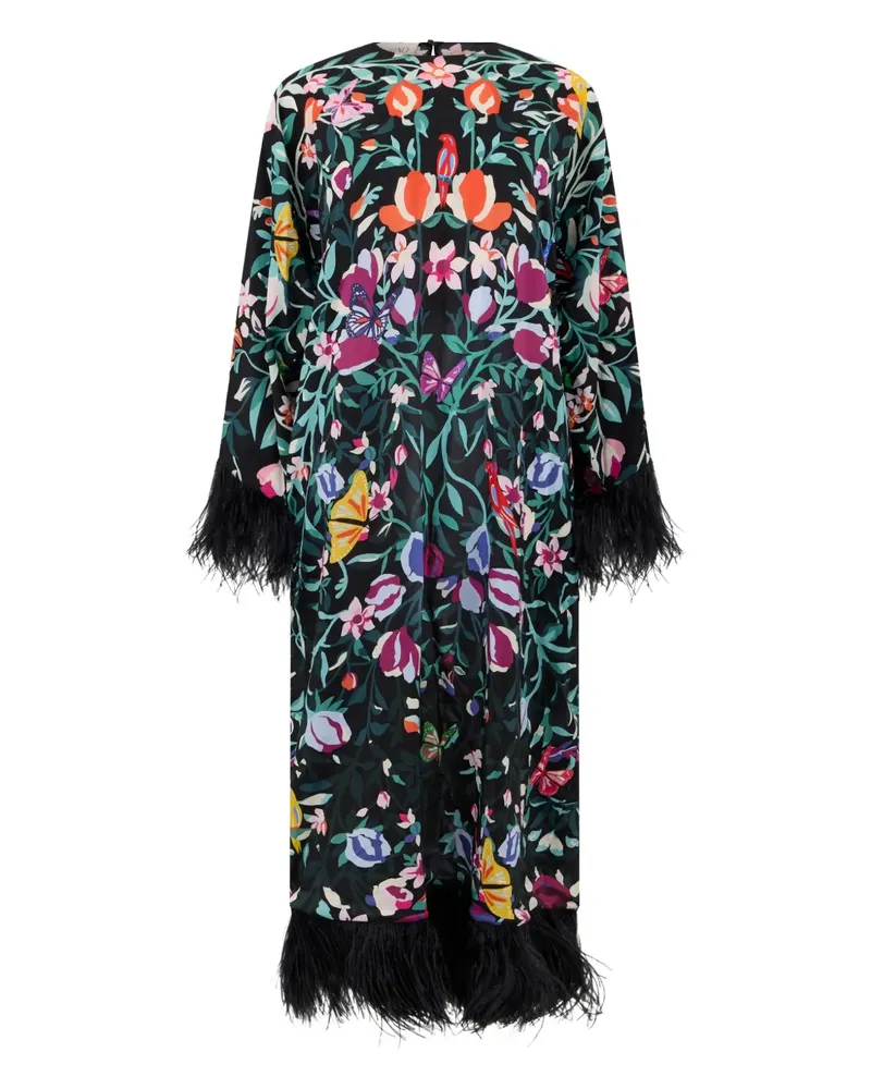 Valentino Garavani feather-trim floral dress - Schwarz Schwarz