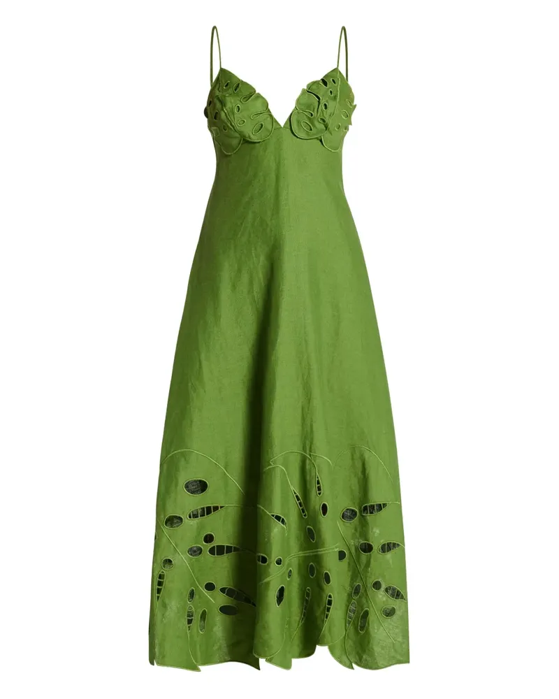 FARM Rio Leinen-Midikleid mit Blattapplikation - Grün Grün