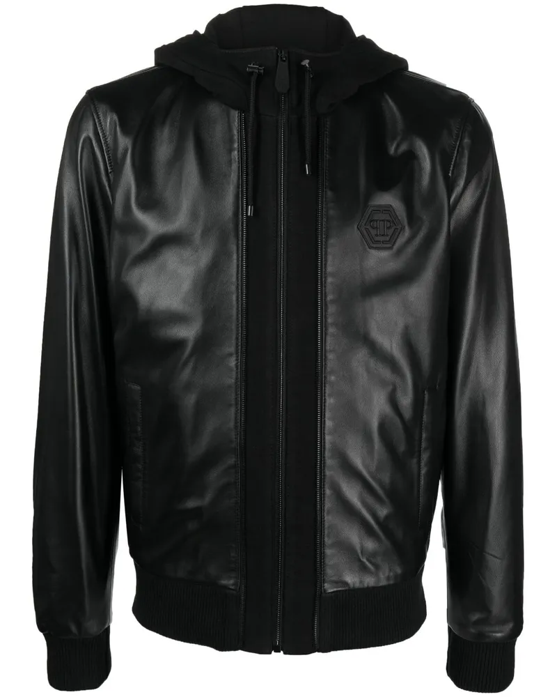 Philipp Plein Lederjacke mit Kapuze Schwarz