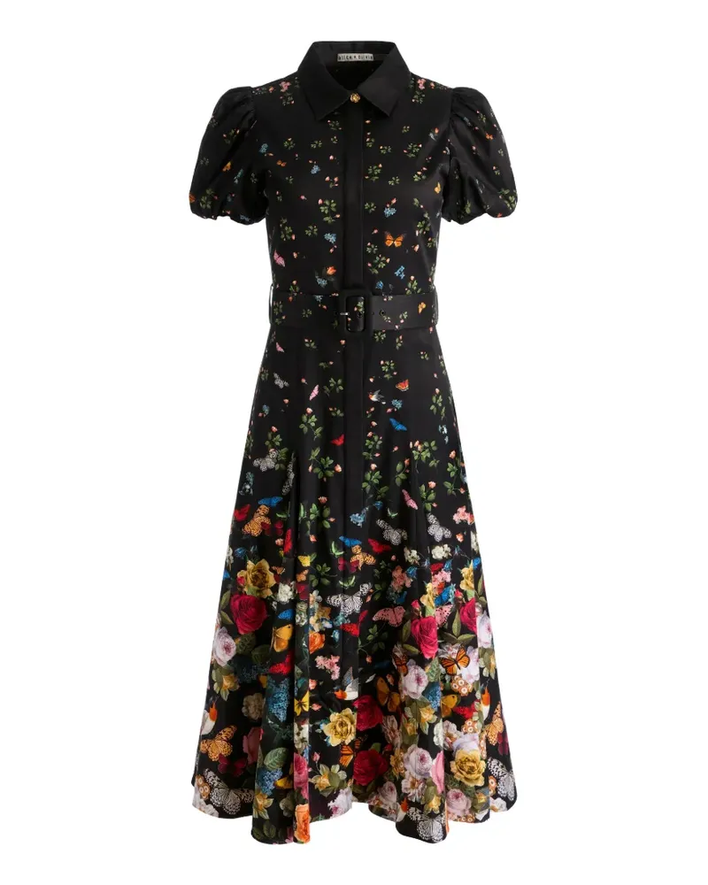 Alice + Olivia Henrietta Midikleid mit Blumengürtel - Schwarz Schwarz
