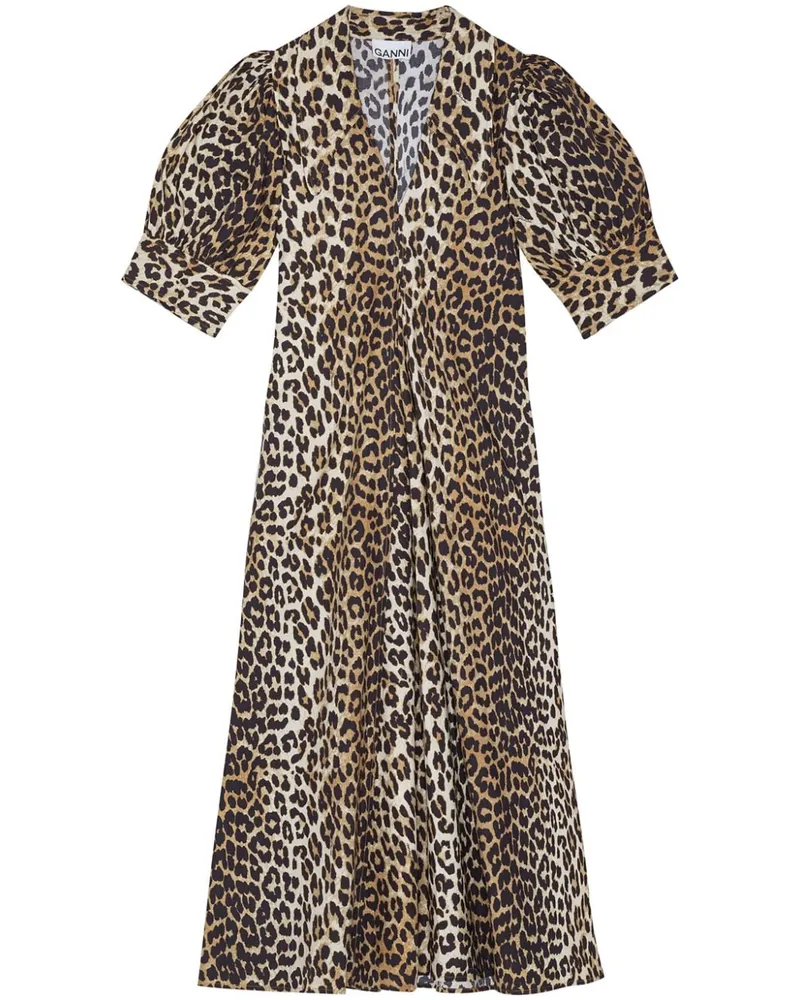 Ganni Bio-Baumwoll-Midikleid mit Leoparden-Print - Braun Braun