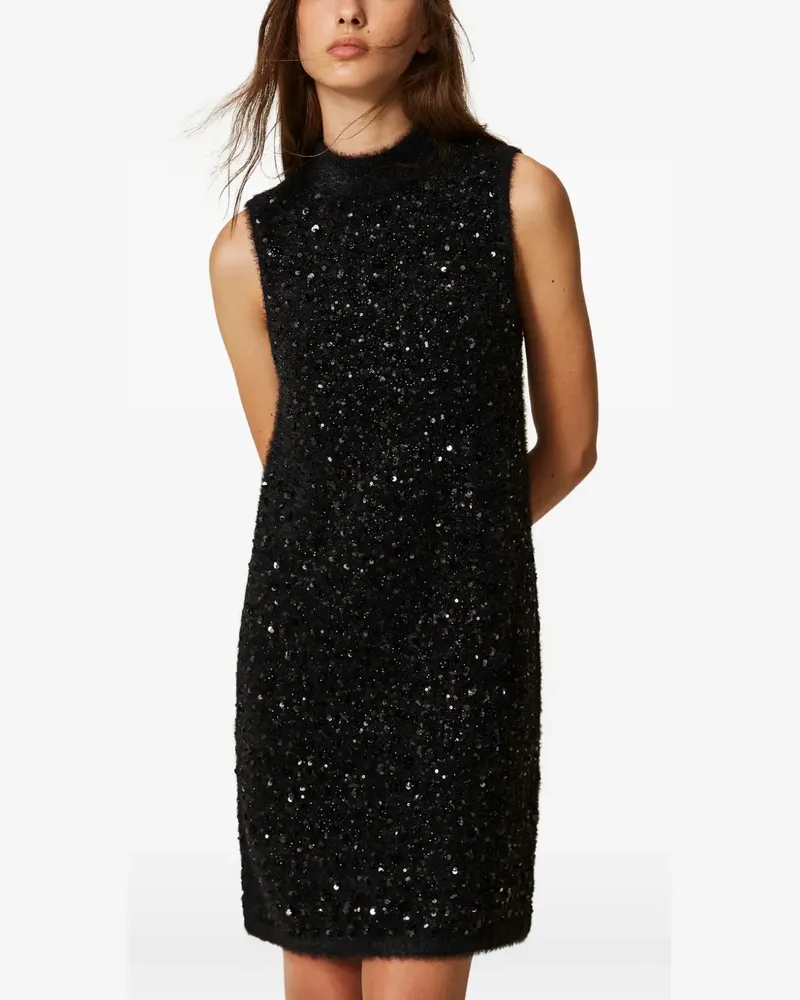 Twin-Set short turtleneck knit dress with embroidery - Schwarz Schwarz