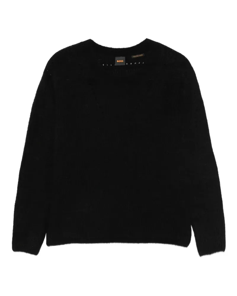 HUGO BOSS Gerippter Pullover mit Lochstrick - Schwarz Schwarz