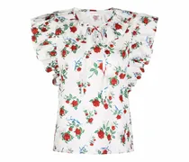 Florale Bluse mit Rüschenkragen - Weiß