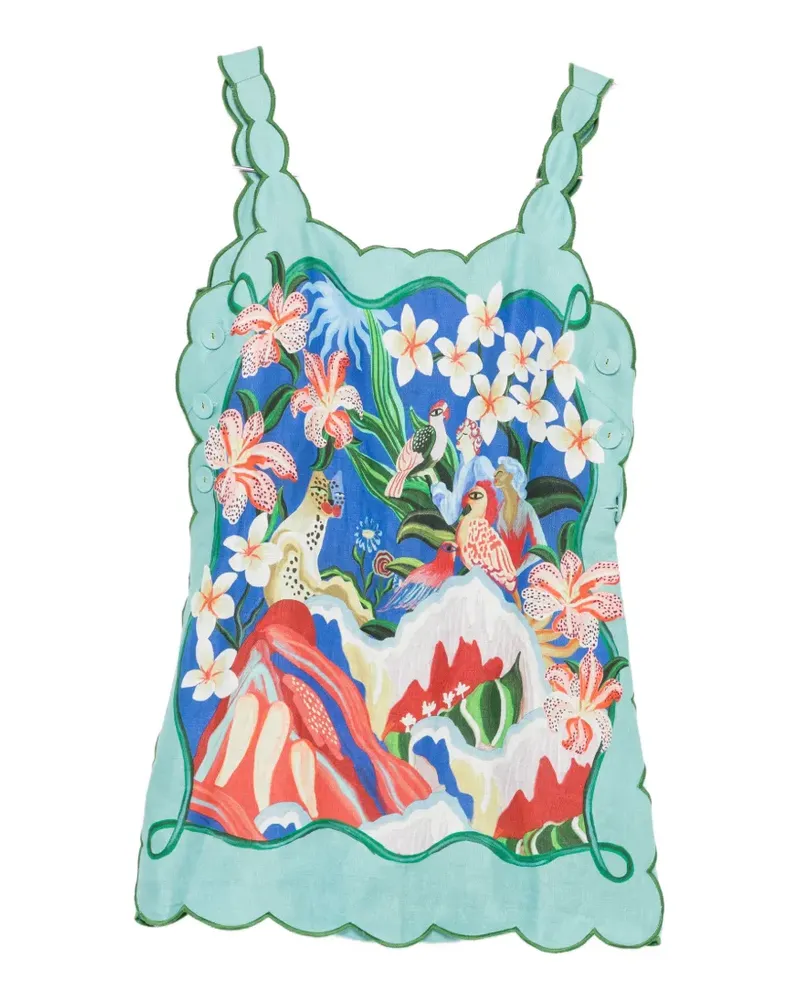 FARM Rio scalloped-trim graphic-print mini dress - Blau Blau