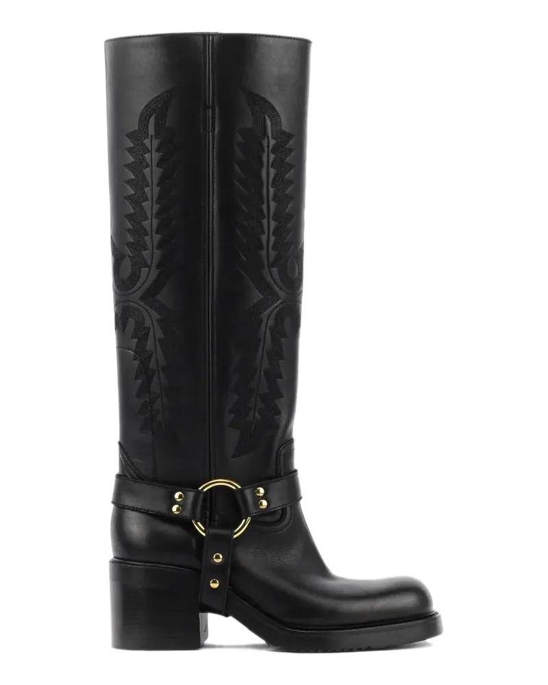 Elena Iachi Knielange Stiefel mit Harness-Stickerei - Schwarz Schwarz