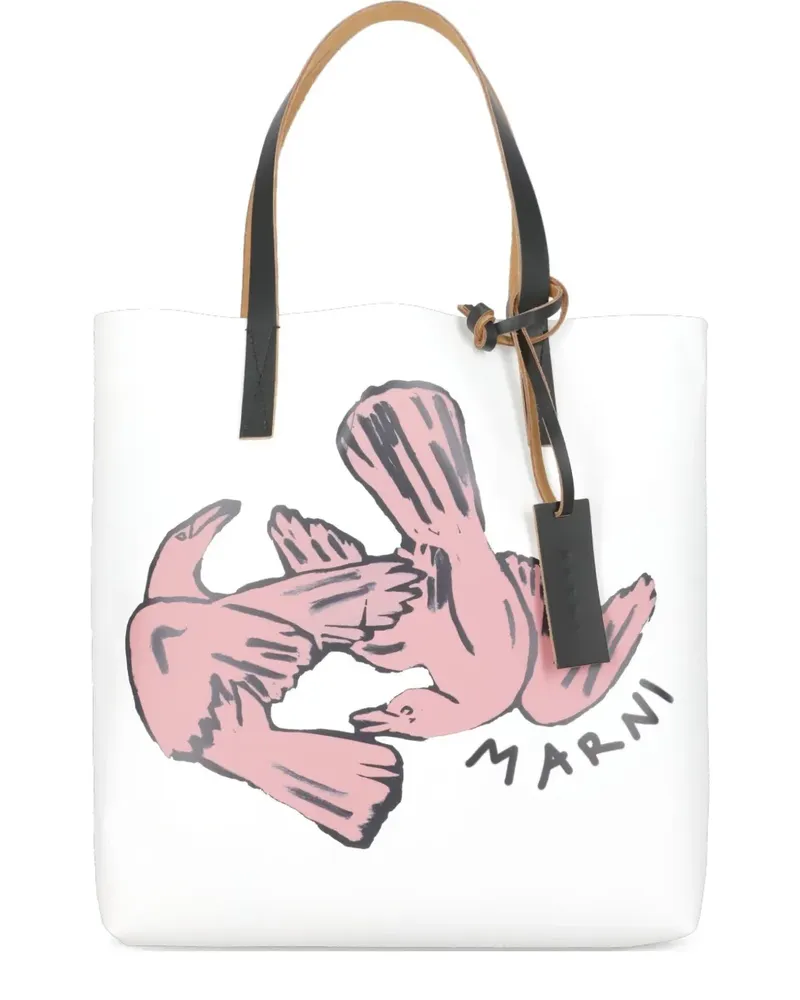 Marni Mittelgroßer Tote Bag mit Vogel-Print - Weiß Weiß