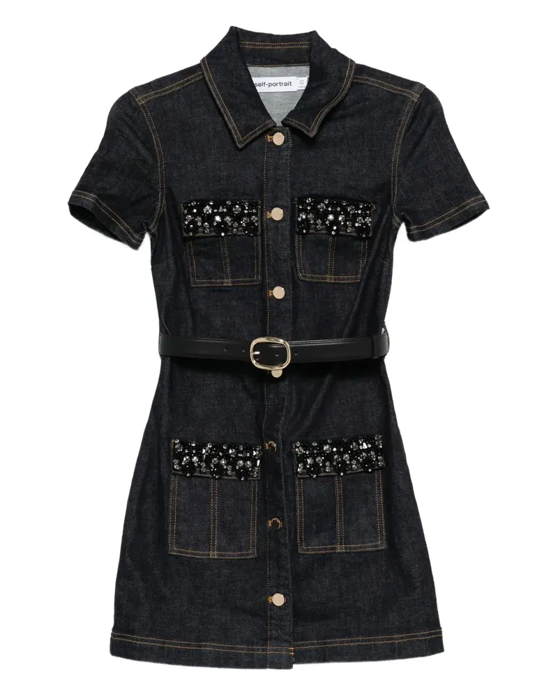 Self-Portrait Verziertes Minikleid aus Denim - Blau Blau