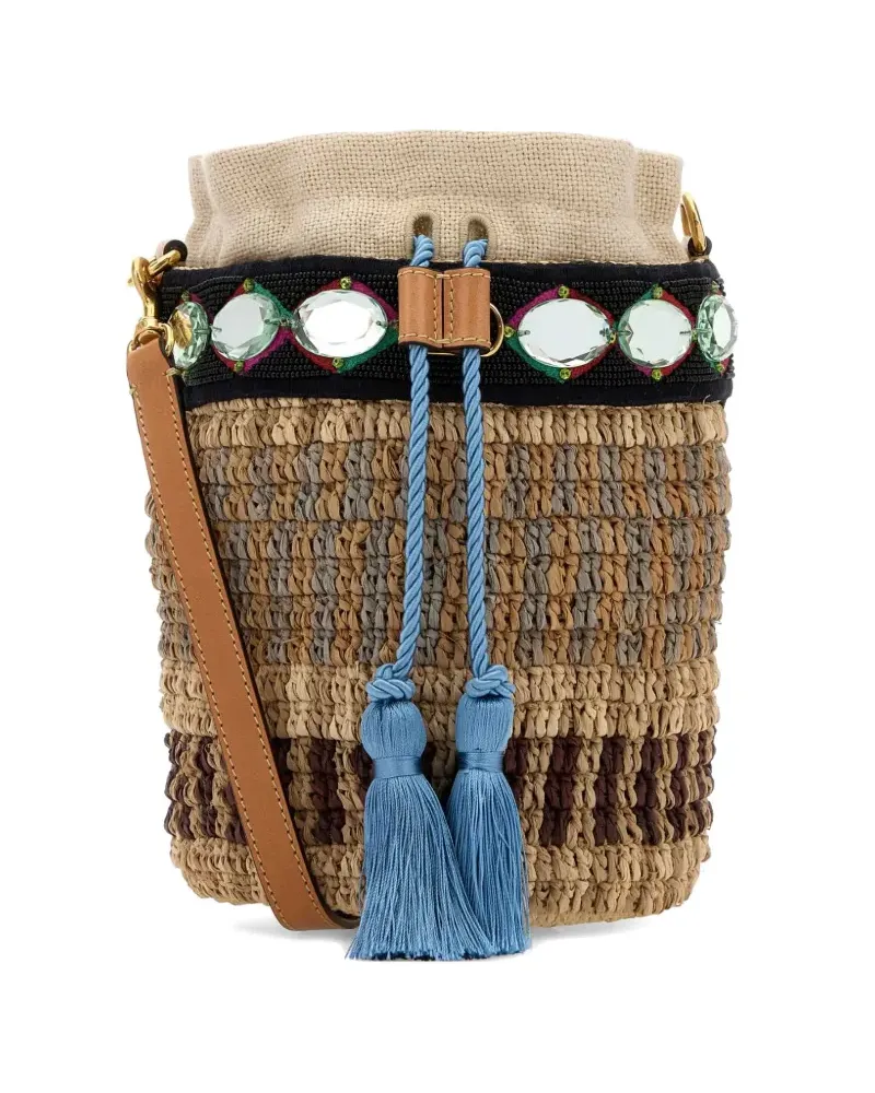 Valentino Garavani VLogo Signature embroidered raffia bucket bag - Nude Nude