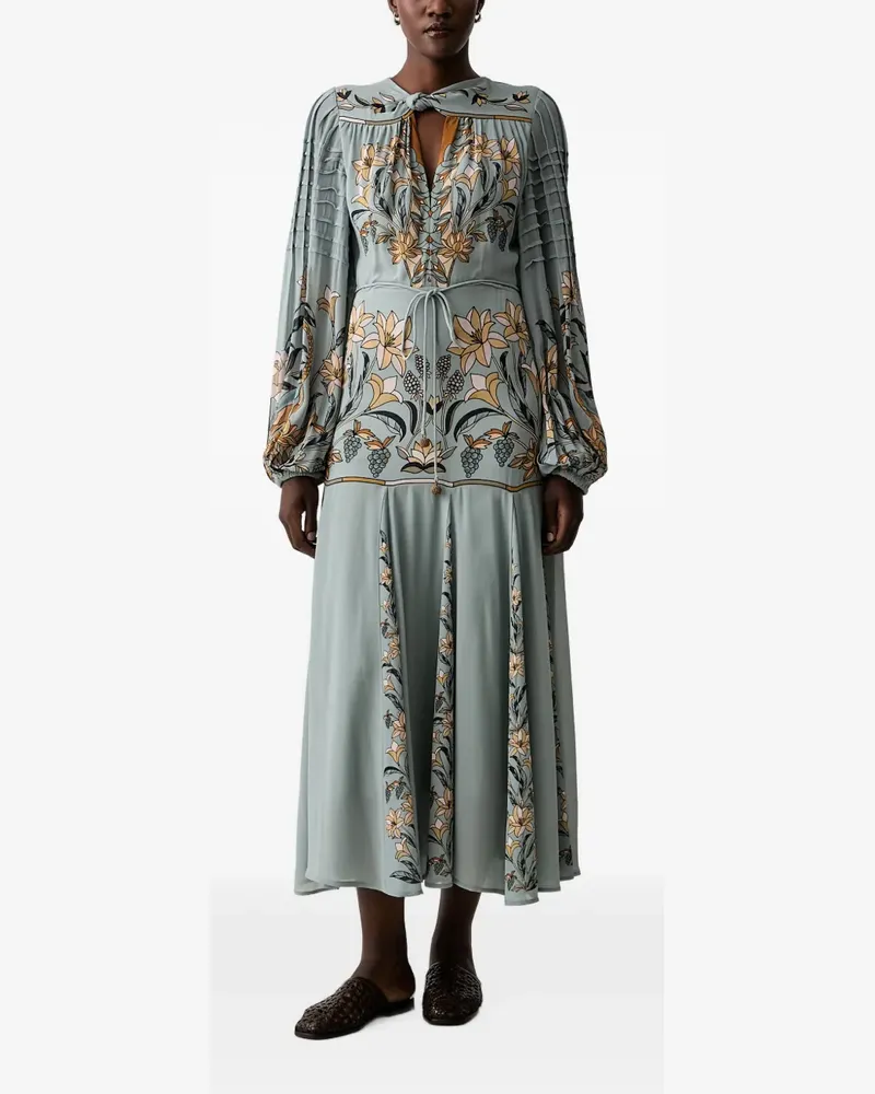 FARM Rio floral-print pleated-sleeve midi dress - Blau Blau