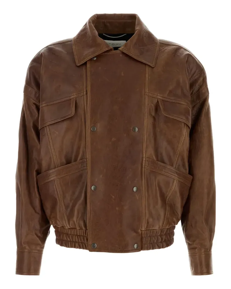 Saint Laurent Doppelreihige Lederjacke mit Taschen - Braun Braun