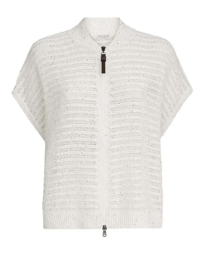 Brunello Cucinelli Cardigan aus Leinen-Diamantgarn mit durchbrochenen Streifen und glänzendem Reißverschluss - Weiß Weiß