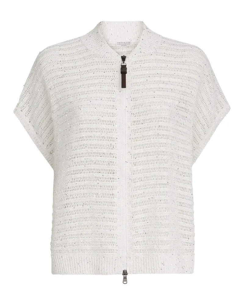 Brunello Cucinelli linen diamond yarn cardigan with openwork stripes and shiny zipper pull - Weiß Weiß