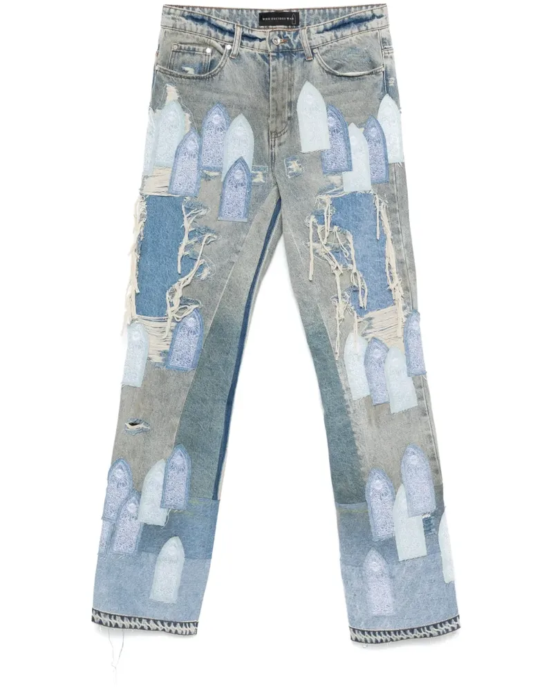 WHO DECIDES WAR Patched Arch Repaired Blowout Jeans - DENIM Denim