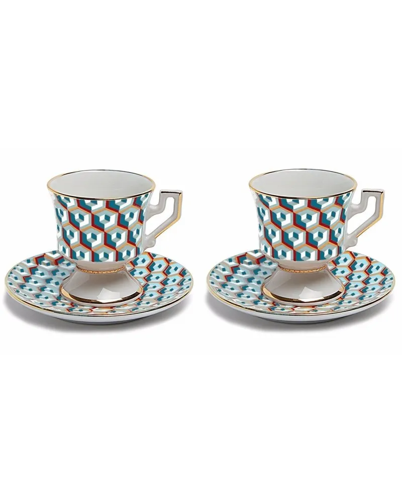 La DoubleJ 2er-Set Espressotassen mit abstraktem Print Blau