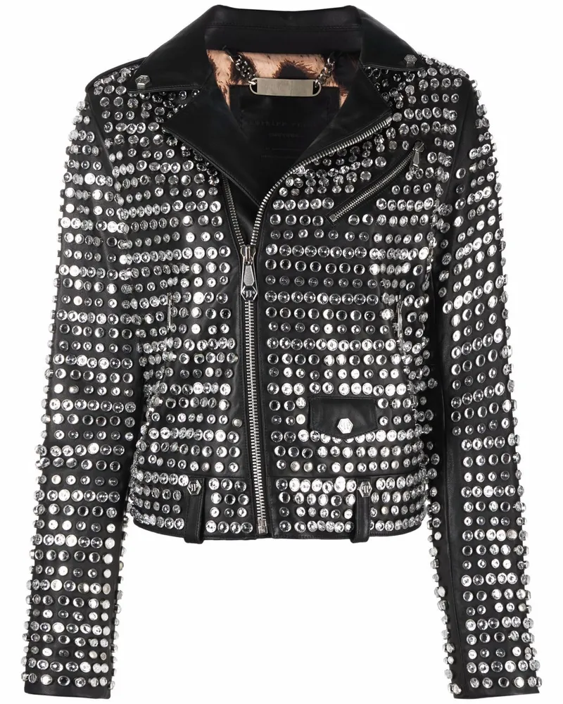 Philipp Plein Lederjacke mit Kristallen - Schwarz Schwarz
