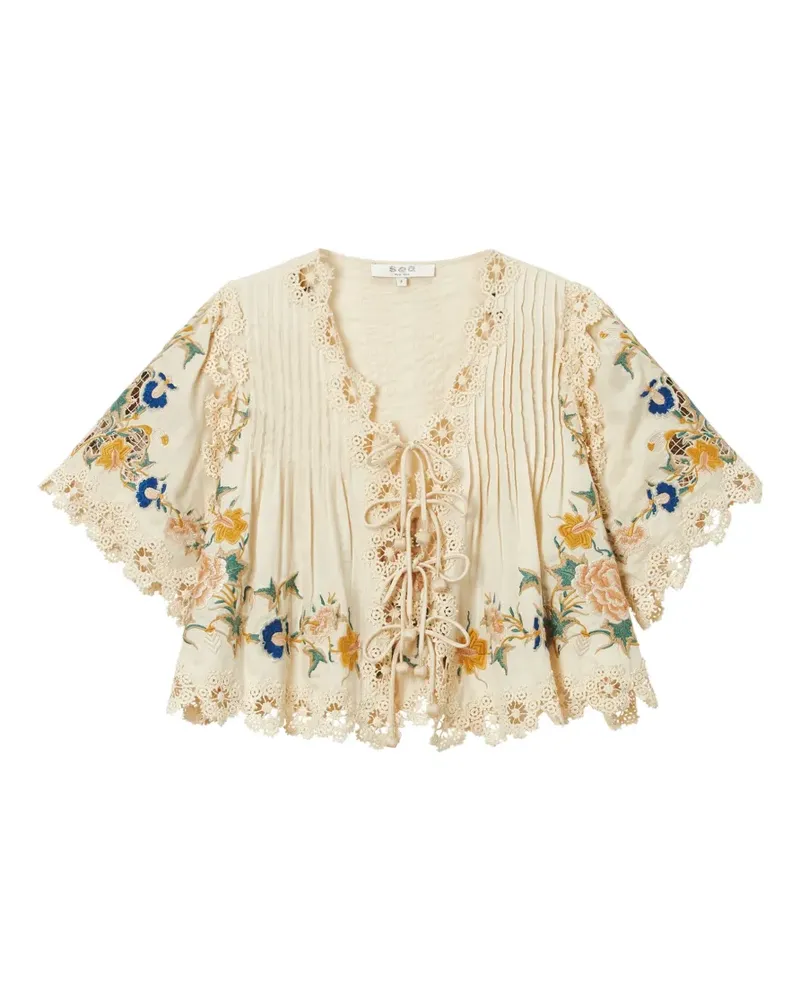 Sea Adonna floral-embroidered lace-trim top - Nude Nude