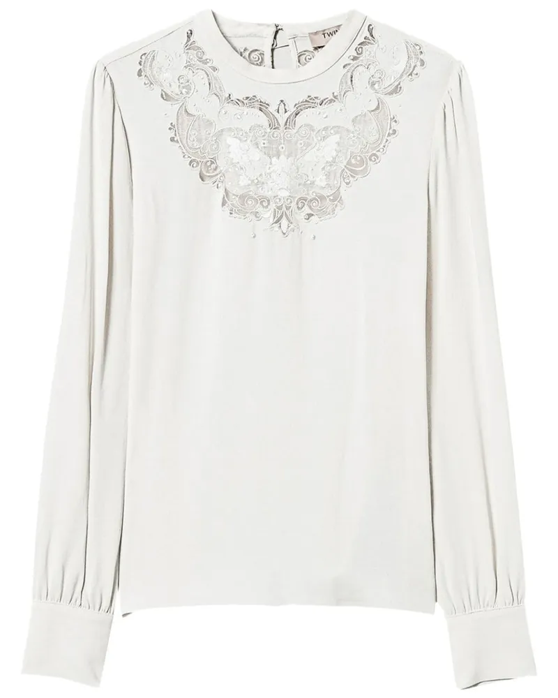 Twin-Set Krepp-Bluse mit Blumenstickerei - Weiß Weiß