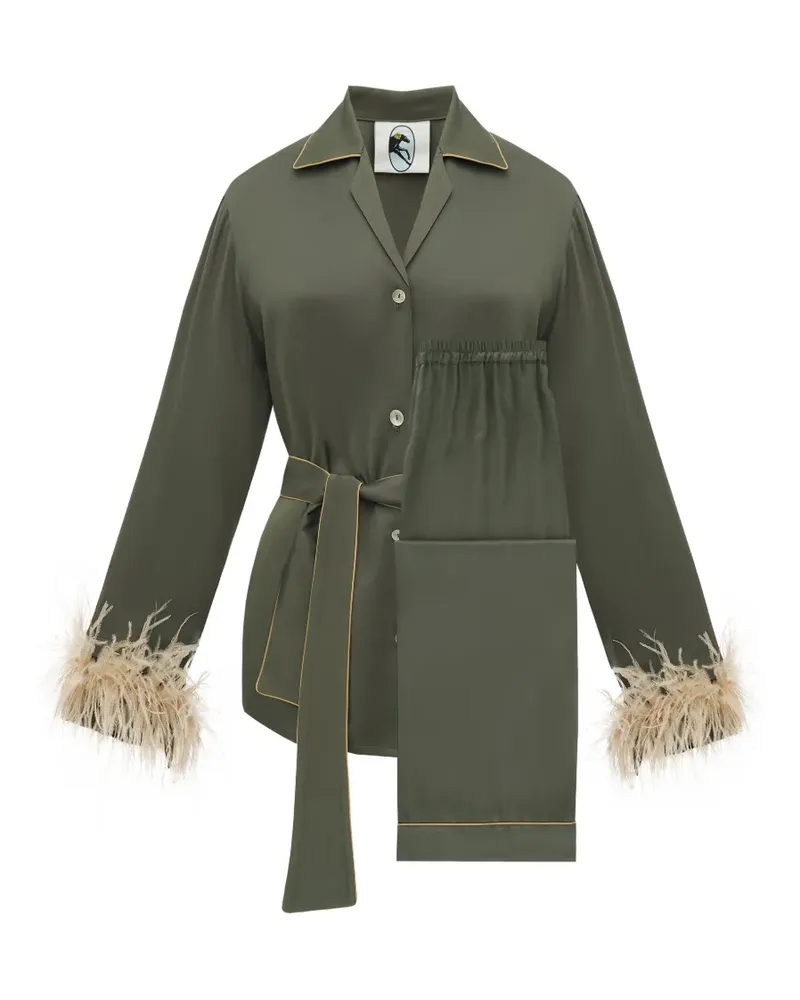 SLEEPER Miss Cat Pyjama mit Federbesatz - Grün Grün