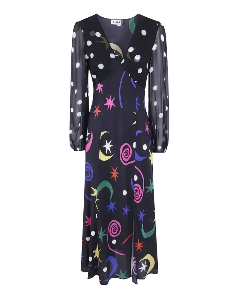 RIXO Midikleid aus Seide mit Himmels-Print - Schwarz Schwarz