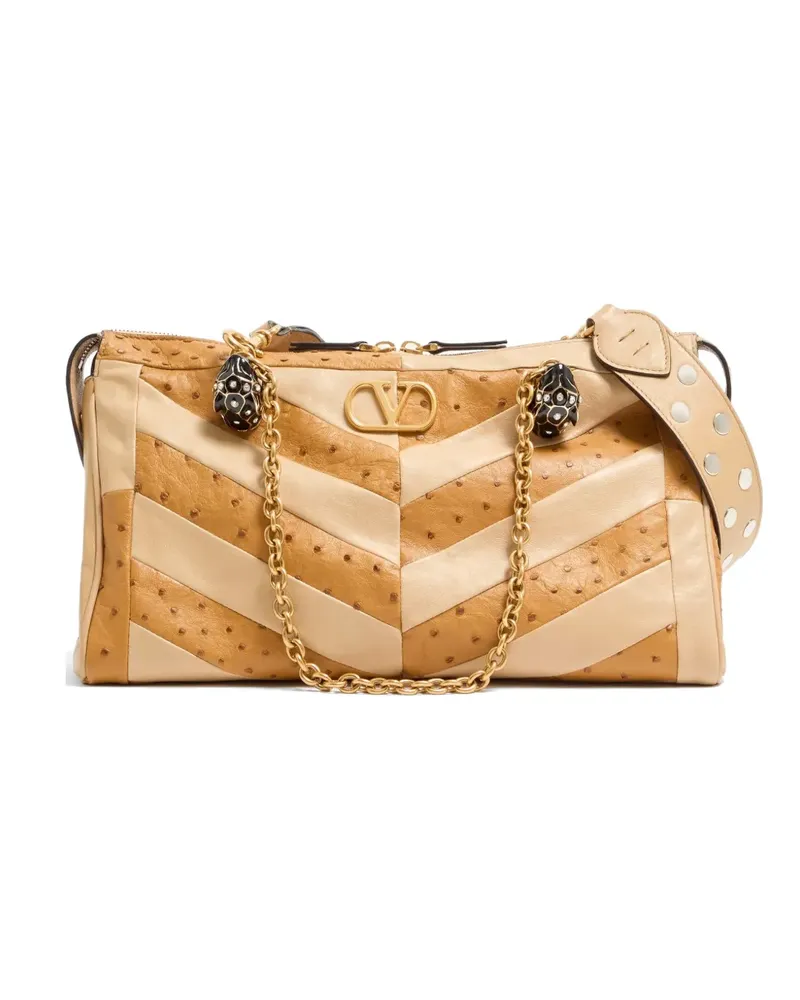 Valentino Garavani Mittelgroße Panthea Schultertasche aus Strauß- und Nappaleder mit Chevron-Muster - Nude Nude