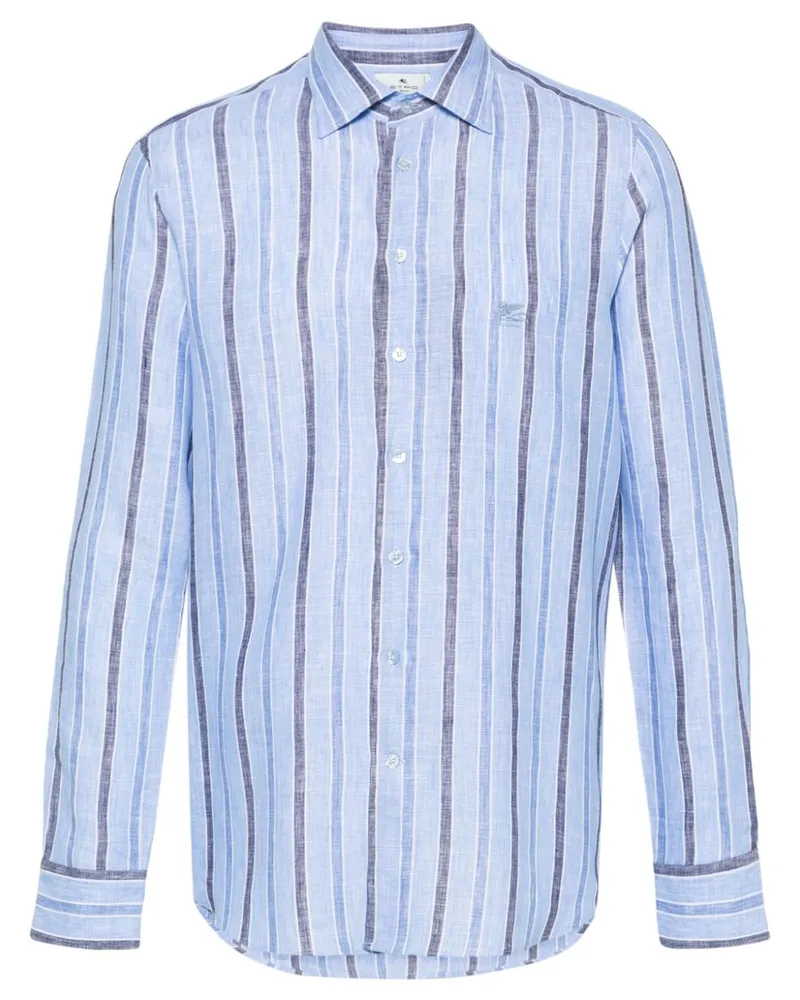 Etro Gestreiftes Leinenhemd mit Pegaso-Stickerei - Blau Blau